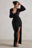 Patricia Black Extreme Plunge Long Sleeve Maxi Dress With Tie Detail
