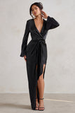 Patricia Black Extreme Plunge Long Sleeve Maxi Dress With Tie Detail