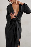Patricia Black Extreme Plunge Long Sleeve Maxi Dress With Tie Detail