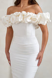 Estie White Structured Statement Bardot Midi Dress