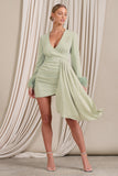 Mae Mint Wrap Mini Dress With Drape And Feather Cuffs