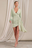 Mae Mint Wrap Mini Dress With Drape And Feather Cuffs