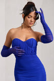 Come Closer Cobalt Blue Long Ruched Mesh Gloves