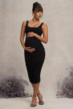 Lisbon Black Maternity Square Neck Ruched Midi Dress