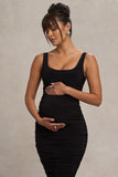 Lisbon Black Maternity Square Neck Ruched Midi Dress