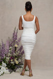 Lisbon White Maternity Square Neck Ruched Midi Dress