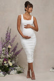 Lisbon White Maternity Square Neck Ruched Midi Dress