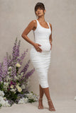 Lisbon White Maternity Square Neck Ruched Midi Dress