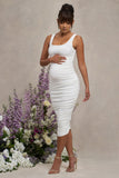 Lisbon White Maternity Square Neck Ruched Midi Dress