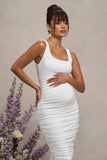 Lisbon White Maternity Square Neck Ruched Midi Dress