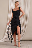 Havana Heat Black Cowl Ruffle Chiffon Midi Dress