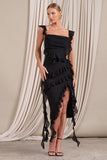 Havana Heat Black Cowl Ruffle Chiffon Midi Dress
