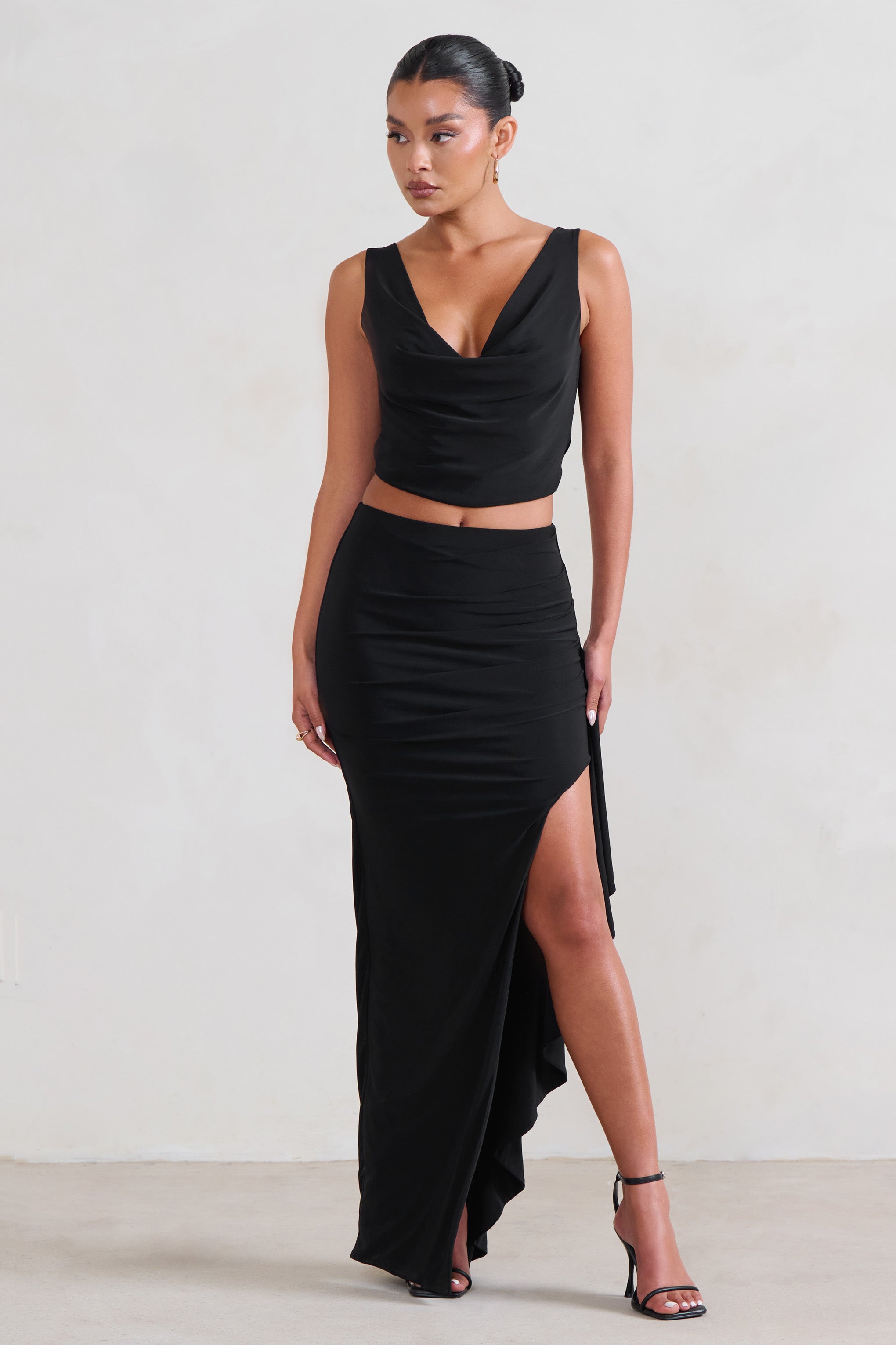 La Belle Black Ruffle Maxi Skirt With Thigh Split