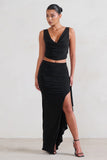 La Belle Black Ruffle Maxi Skirt With Thigh Split