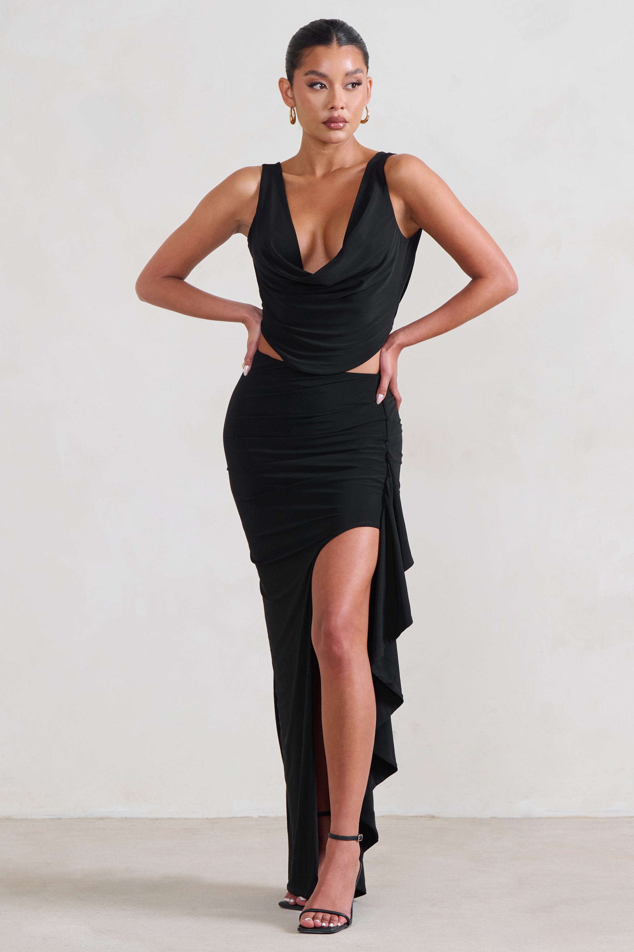La Belle Black Ruffle Maxi Skirt With Thigh Split