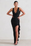 La Belle Black Ruffle Maxi Skirt With Thigh Split