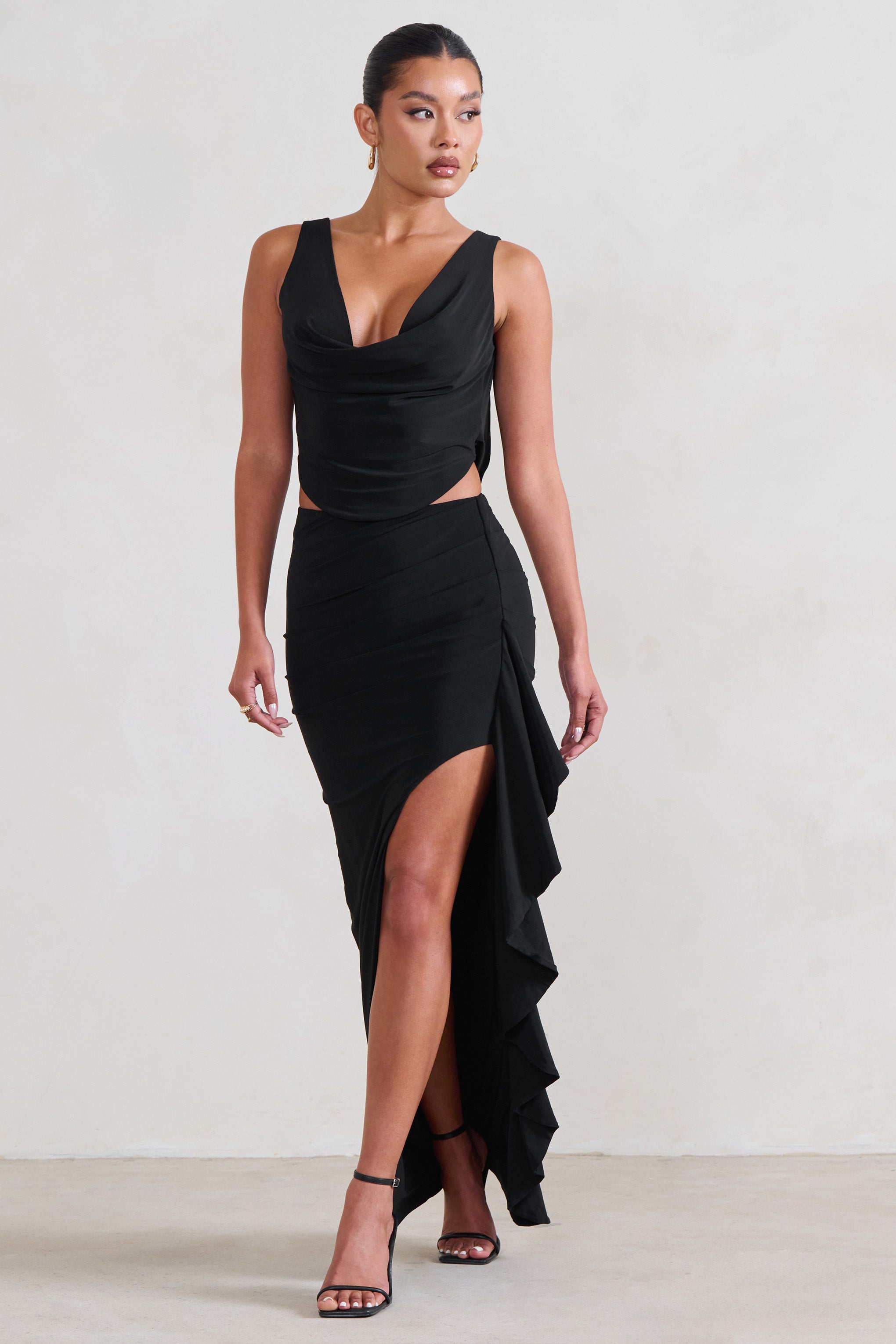 La Belle Black Ruffle Maxi Skirt With Thigh Split