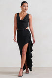 La Belle Black Ruffle Maxi Skirt With Thigh Split