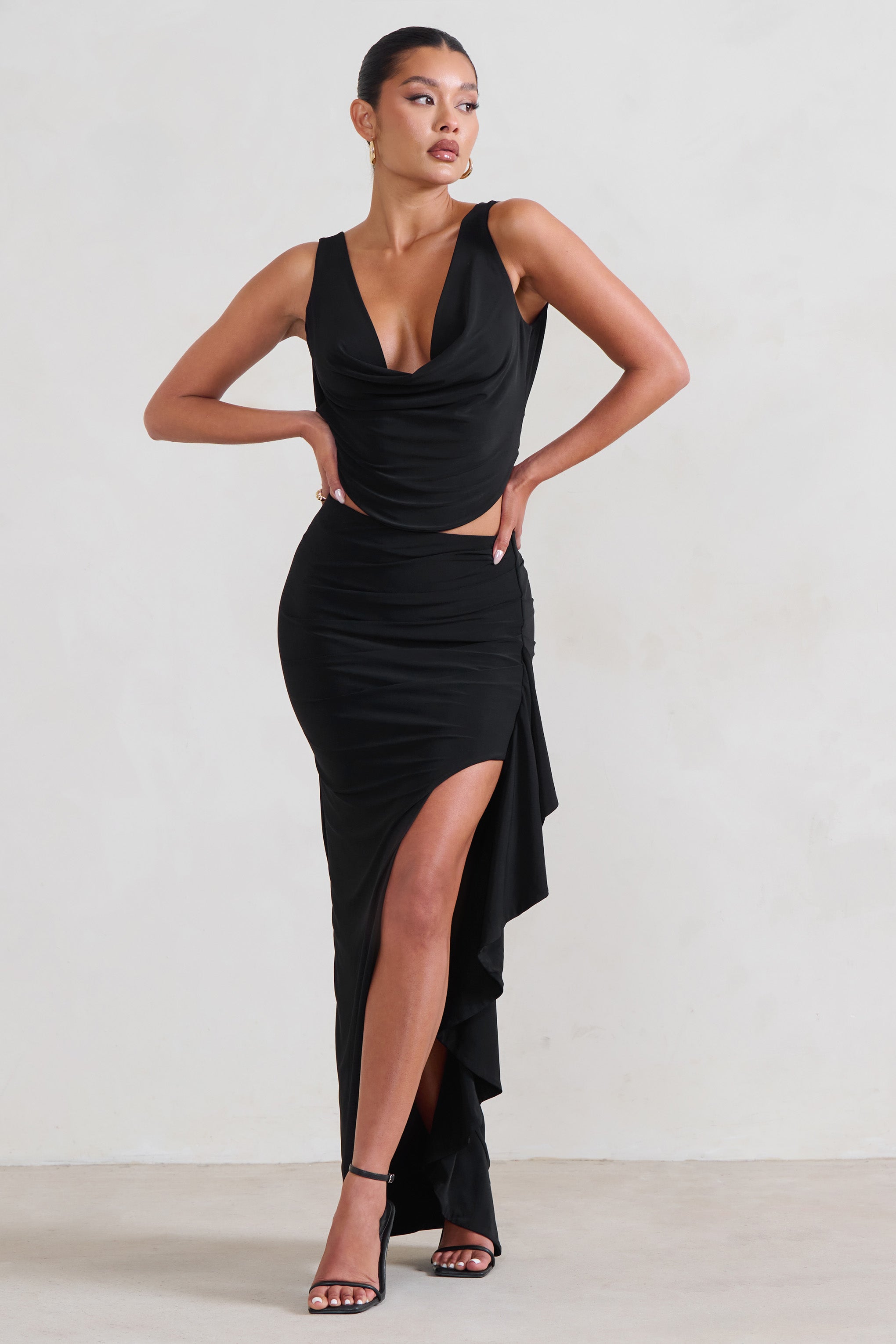 La Belle Black Ruffle Maxi Skirt With Thigh Split