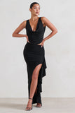 La Belle Black Ruffle Maxi Skirt With Thigh Split