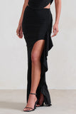 La Belle Black Ruffle Maxi Skirt With Thigh Split