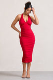 Amy Red Halter-Neck Corset Ruched Midi Dress
