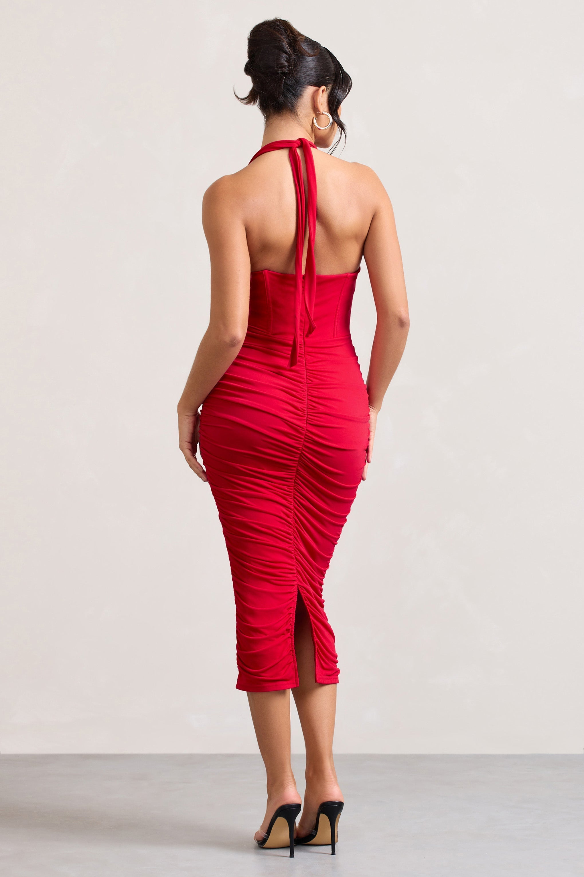 Amy Red Halter-Neck Corset Ruched Midi Dress