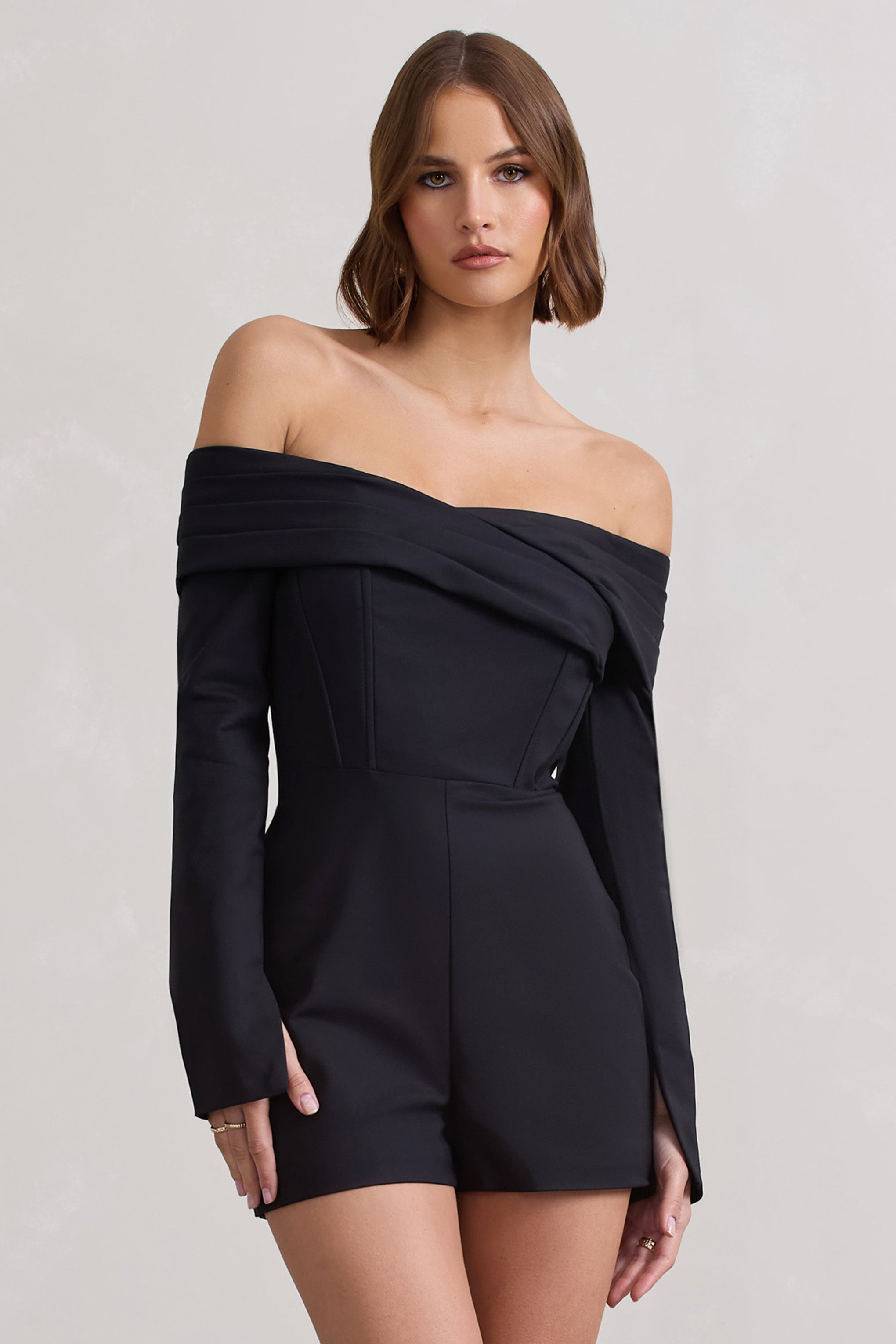 Front Row Black Long-Sleeved Bardot Corset Playsuit
