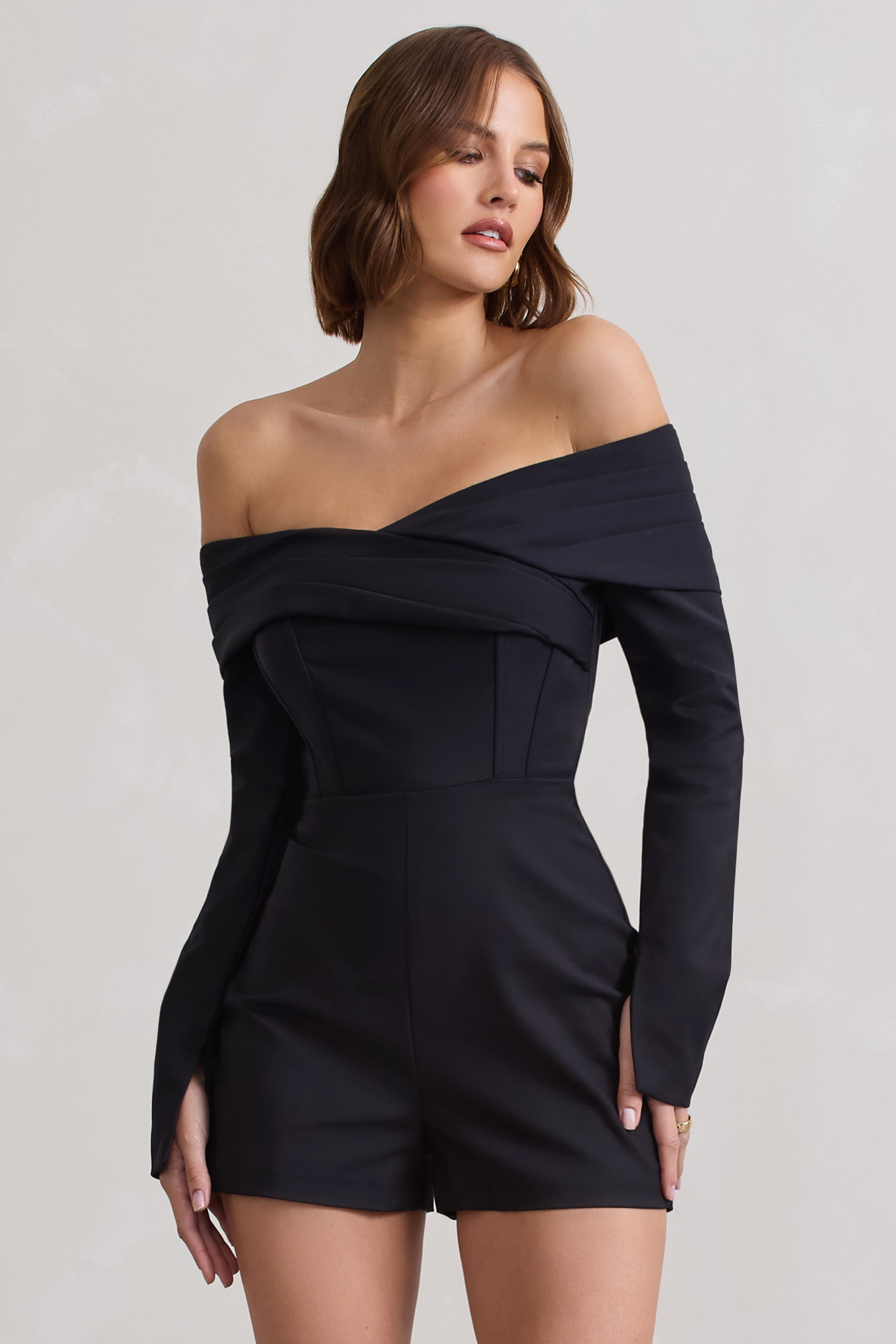 Front Row Black Long-Sleeved Bardot Corset Playsuit
