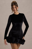 Claudine Black Velvet Long-Sleeved Ruffled Mini Dress