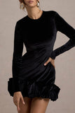 Claudine Black Velvet Long-Sleeved Ruffled Mini Dress