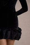 Claudine Black Velvet Long-Sleeved Ruffled Mini Dress