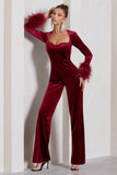 Trailblazer Berry Red Velvet Long-Sleeved Jumpsuit With Feather Cuffs