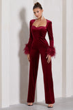 Trailblazer Berry Red Velvet Long-Sleeved Jumpsuit With Feather Cuffs
