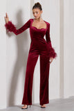 Trailblazer Berry Red Velvet Long-Sleeved Jumpsuit With Feather Cuffs