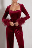 Trailblazer Berry Red Velvet Long-Sleeved Jumpsuit With Feather Cuffs