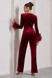 Trailblazer Berry Red Velvet Long-Sleeved Jumpsuit With Feather Cuffs