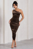 Dorit Chocolate Velvet One Shoulder Asymmetric Ruched Midi Dress