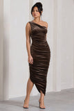 Dorit Chocolate Velvet One Shoulder Asymmetric Ruched Midi Dress
