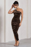 Dorit Chocolate Velvet One Shoulder Asymmetric Ruched Midi Dress
