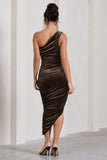 Dorit Chocolate Velvet One Shoulder Asymmetric Ruched Midi Dress