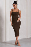 Bree Chocolate Ruched Mesh Strappy Bodycon Midi Dress