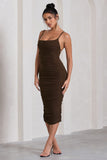 Bree Chocolate Ruched Mesh Strappy Bodycon Midi Dress