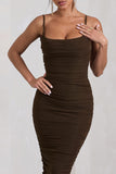 Bree Chocolate Ruched Mesh Strappy Bodycon Midi Dress