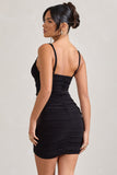 Brightest Black Ruched Strappy Asymmetric Bodycon Mini Dress