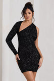 Siren Black Sequin One Shoulder Bodycon Mini Dress