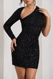 Siren Black Sequin One Shoulder Bodycon Mini Dress
