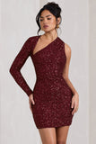Siren Burgundy Sequin One Shoulder Bodycon Mini Dress