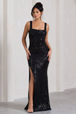 Yvonne Black Sequin Open-Back Bodycon Maxi Dress