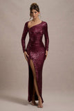 Remarkable Burgundy Sequin Long-Sleeved Twisted Maxi Dress